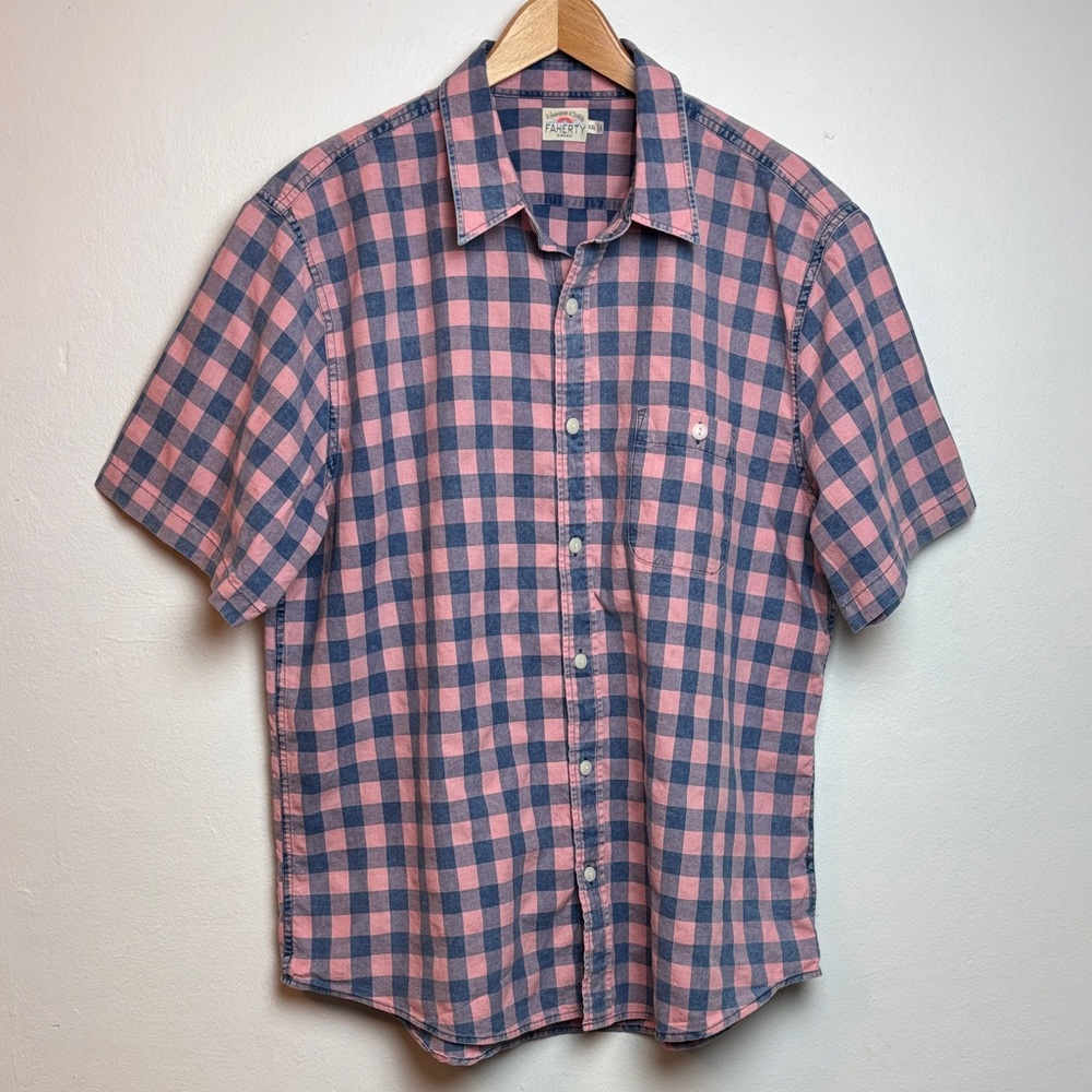 Faherty Men’s XXL Plaid Short-Sleeve Button-Up Shirt Pink Blue Gingham Check